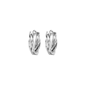 Macro detail of silver twisted rope hoop earrings with polished metallic finish