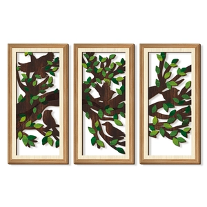 Set di 3 decorazioni murali in legno con rami d'albero e foglie verdi vivaci