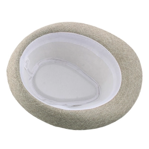 Detail view of the breathable linen fedora hat interior with a wide white sweatband
