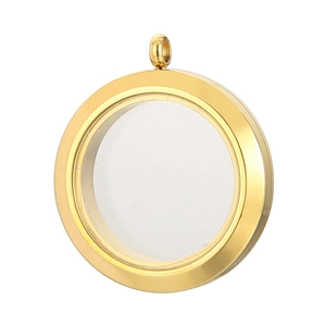 Polished golden stainless steel round locket pendant with glass window for DIY jewelry