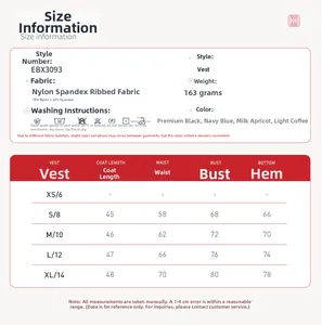 Detailed size chart for ribbed athletic yoga vest showing bust and length measurements