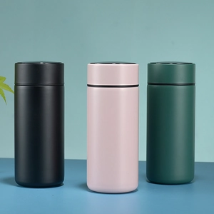 Matte 316 stainless steel vacuum flasks in black, pink, and dark green colors