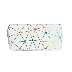 Women long wallet with iridescent geometric pattern and zipper in white synthetic leather