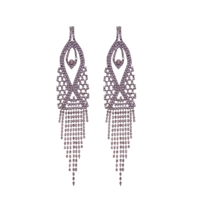 Sparkling silver needle earrings with multilayered purple waterdrop tassels for women