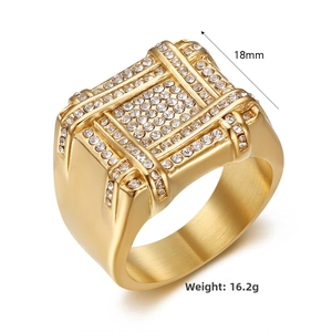 Detail view of 18mm wide hip hop gold ring for men with micro-paved sparkling cubic zirconia