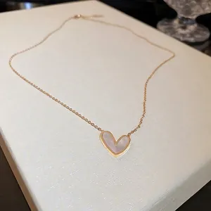 Stainless Steel Heart Pendant Necklace White Mother Of Artificial Pearl Shell Inlay Gold Plated Minimalist Dainty Jewelry For Women