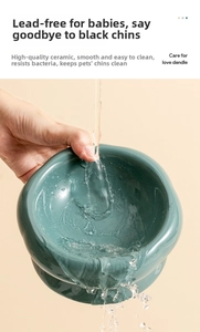 Close-up of dark green ceramic pet bowl showing smooth, easy-to-clean water surface