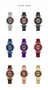 Matrix showing nine colors of Milanese strap watches with floral rhinestone dials