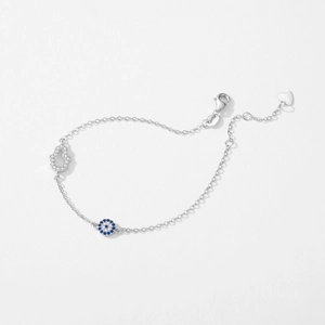 S925 sterling silver bracelet featuring sparkling evil eye and hand of fatima charms