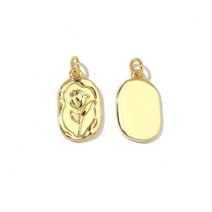 Front and back view of gold rose flower oval charms with polished finish and embossed detail