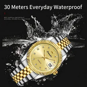 Luminous quartz watch with gold dial and water splash effect showing 30M waterproof feature