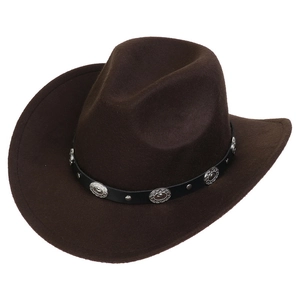 Detail of dark brown wool felt cowboy hat featuring black leather band and silver buckle