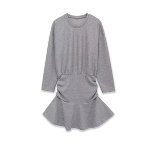 Elegant grey long sleeve knit dress with round neck and ruffled waist detailing