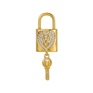 Minimalist gold key and lock pendant necklace featuring V and T letter engravings