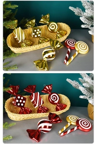 Detailed view of red and gold plated candy Christmas ornaments with diverse festive patterns