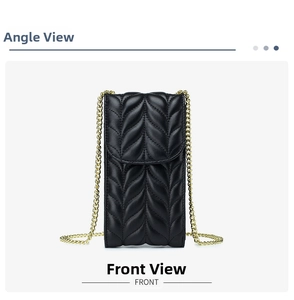 Front view of black quilted leather vertical phone bag with gold chain strap