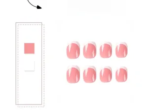 Close-up of pink French tip press-on nails in short square shape with glossy finish