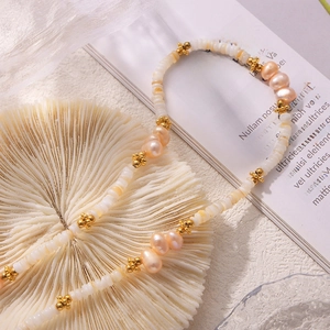 Baroque natural freshwater pearl necklace with shell beads and 18k gold plated titanium