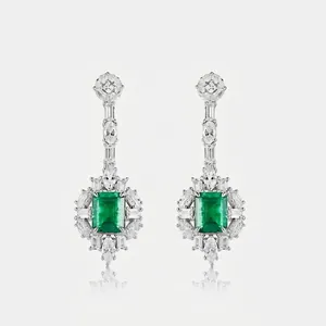 Noble S925 Sterling Silver Lab-Grown Emerald Ruby Sapphire Drop Earrings With Zirconia Retro Luxurious Noble Style Jewelry For Women