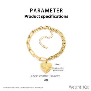 Detail view of 18K gold plated stainless steel heart charm bracelet with size parameters