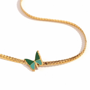 18K gold plated stainless steel necklace featuring a bicolor blue and green butterfly pendant
