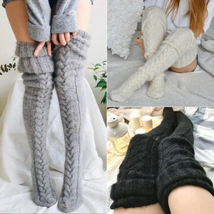 Thick cable knit over-knee slipper socks in grey, white, and black for cozy home wear