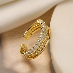 Minimalist double-layered 18K gold-plated zircon open ring on elegant cream stone base