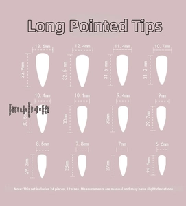 Detailed size chart for 24pcs long stiletto press-on nails with 12 precise width and height specs