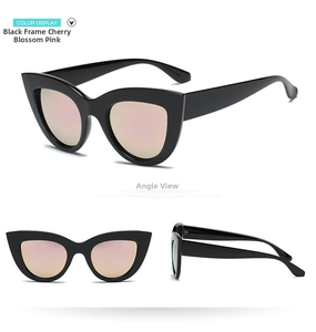 Black cat-eye sunglasses with pink mirror lenses shown from multiple viewing angles