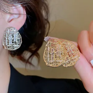 Boucles D'Oreilles Ovales Creuses En Maille Avec Zircon Et Tige En Argent Pour Femmes Bijoux De Luxe Légers