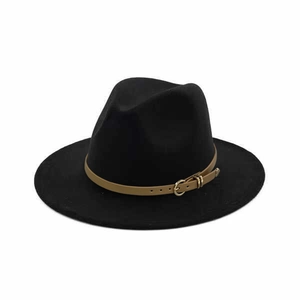 Detail of black wool fedora featuring a brown leather belt band and gold buckle