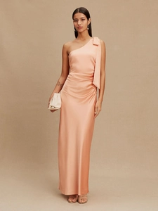 Robe Satin Une Épaule Nœud Froncée Moulante Fendue Robe De Soirée Banquet Formel Pour Femmes