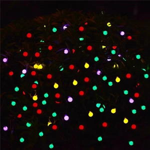 Close-up of multicolor LED frosted globe lights glowing on garden plants at night