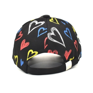 Black baseball cap with colorful heart graffiti pattern and adjustable back strap