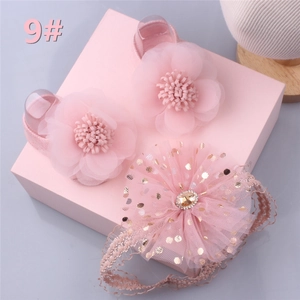 Pink lace baby headband and matching floral barefoot sandals with sequins and gemstones