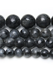 Macro shot of dark grey labradorite beads showing natural stone texture and glossy finish