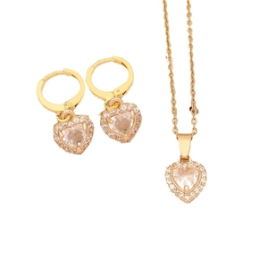 Golden heart necklace and earrings set with micro-inlaid sparkling zircon crystals