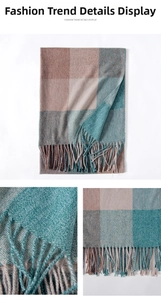Detail view of woven check pattern and tassel fringe on soft peacock green cashmere-like scarf
