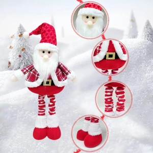 Detailed close-up of Santa Claus plush doll featuring knitted fabric and striped legs