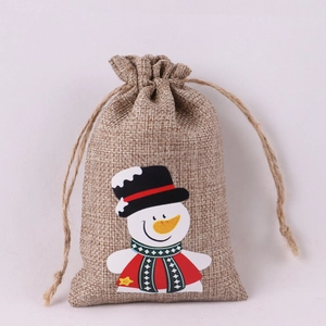 Christmas burlap drawstring gift bag with snowman print and natural jute fiber texture