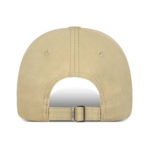 Back view of khaki cotton baseball cap with adjustable silver metal buckle and stitching