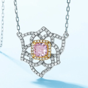 S925 silver flower necklace with pink ice-cut carbon diamond and gold floral setting