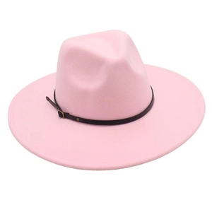 Detailed side view of a classic pink wool felt fedora hat with a black belt buckle band