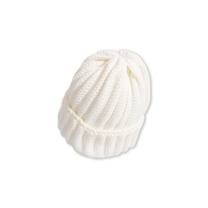 Detailed view of the vertical ribbed knit texture on this white winter beanie cap
