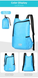 Sky blue foldable backpack detail showing front, back views and compact storage bag