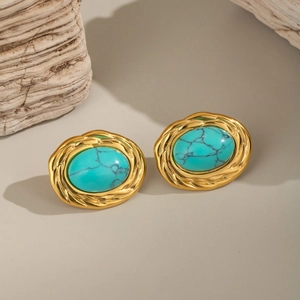 Boucles d'oreilles élégantes en acier doré avec pierres de turquoise ovales ciselées