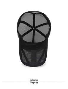 Interior view of black mesh trucker hat showing breathable structure and stitched seams