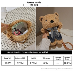 Detailed size chart for bear plush crossbody bag showing height width and strap length