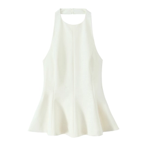 Sleeveless white halter neck top with a ruffled hemline in soft polyester fabric