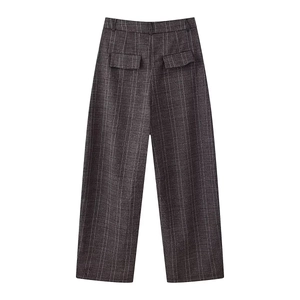 Winter plaid wide-leg pants set featuring high-waisted back design with two flap pockets